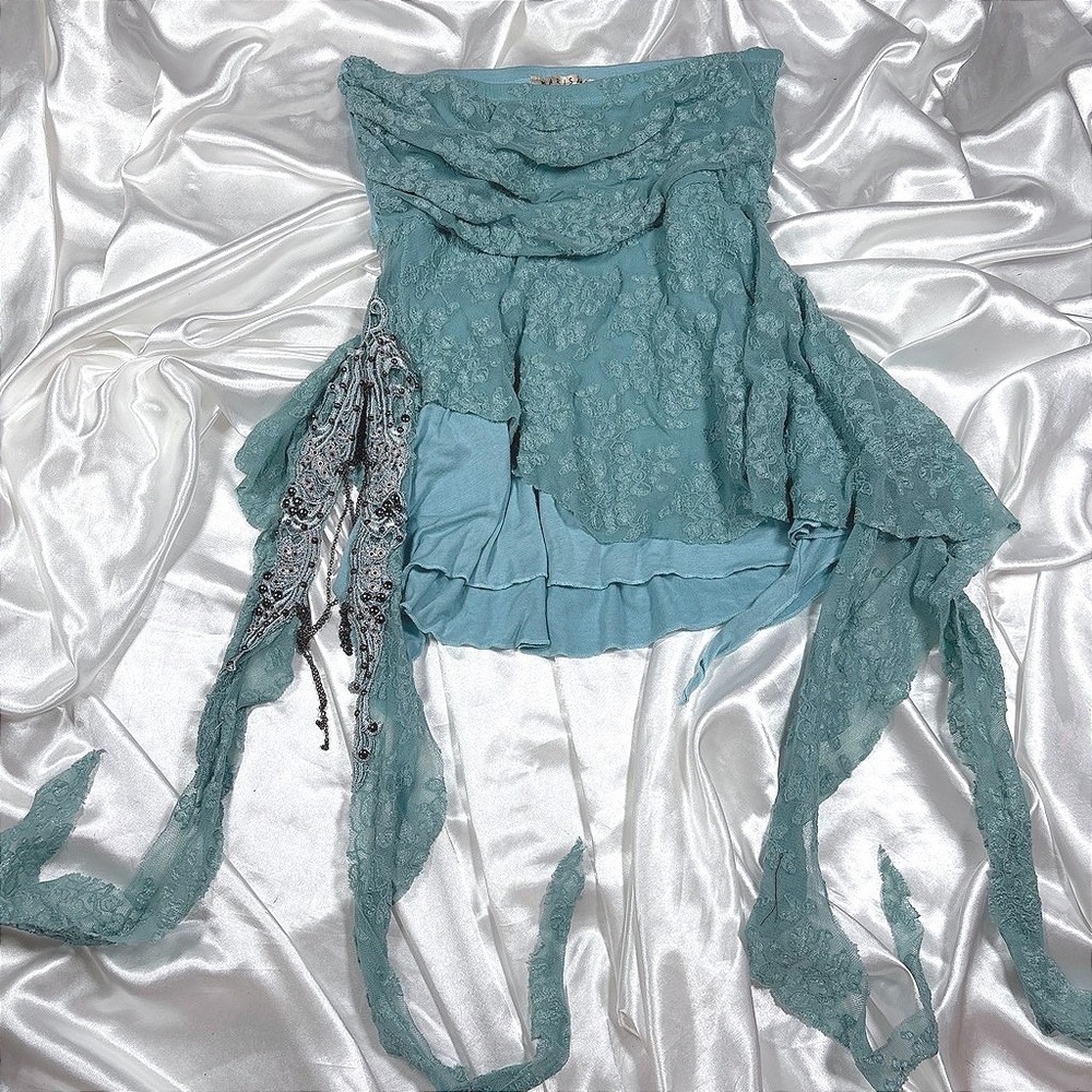y2k Tube Top Teal Excellent Marisa K Beaded Lace Fairycore Ruffle Strapless